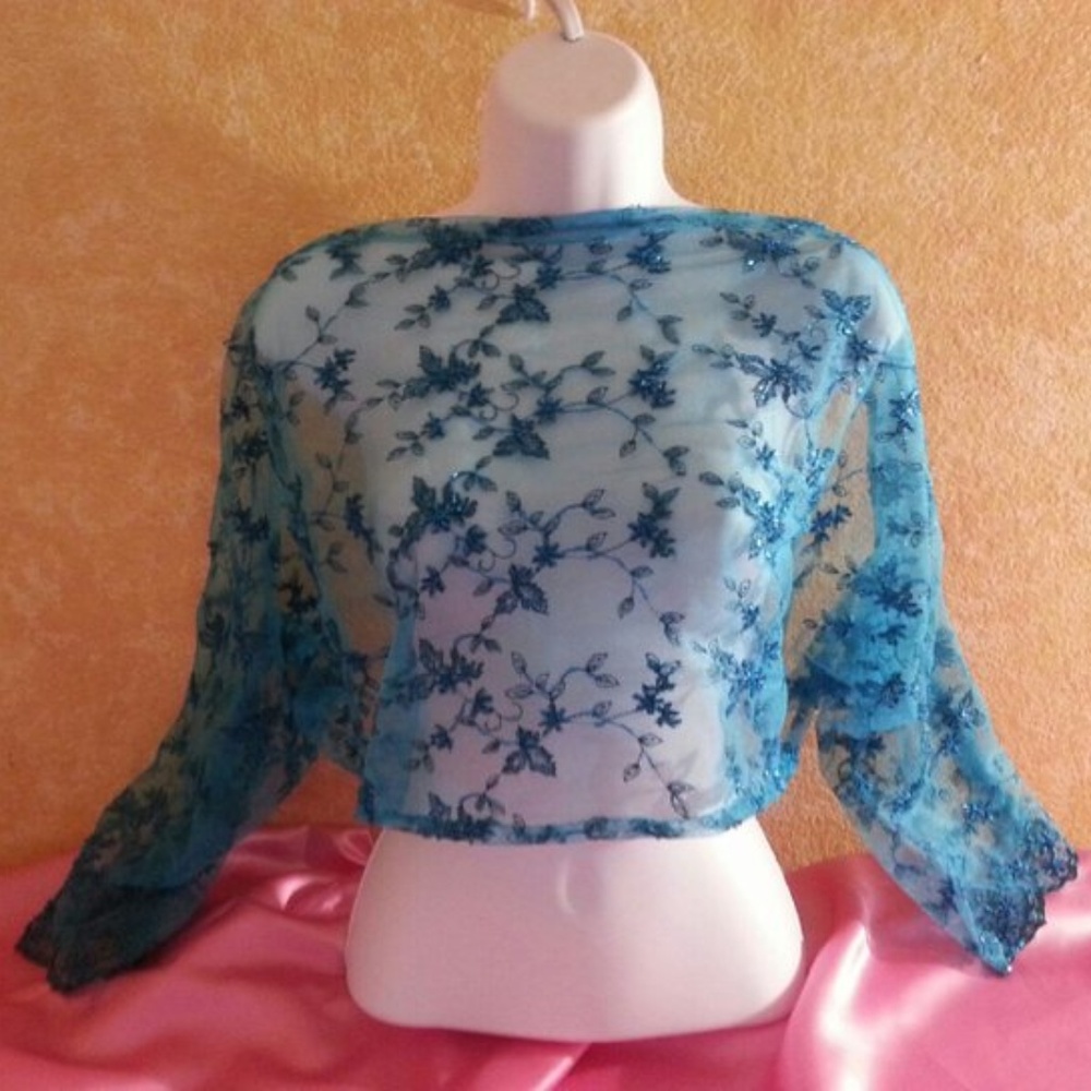 Turquoise Embroidered Beaded Sheer Lace Shrug